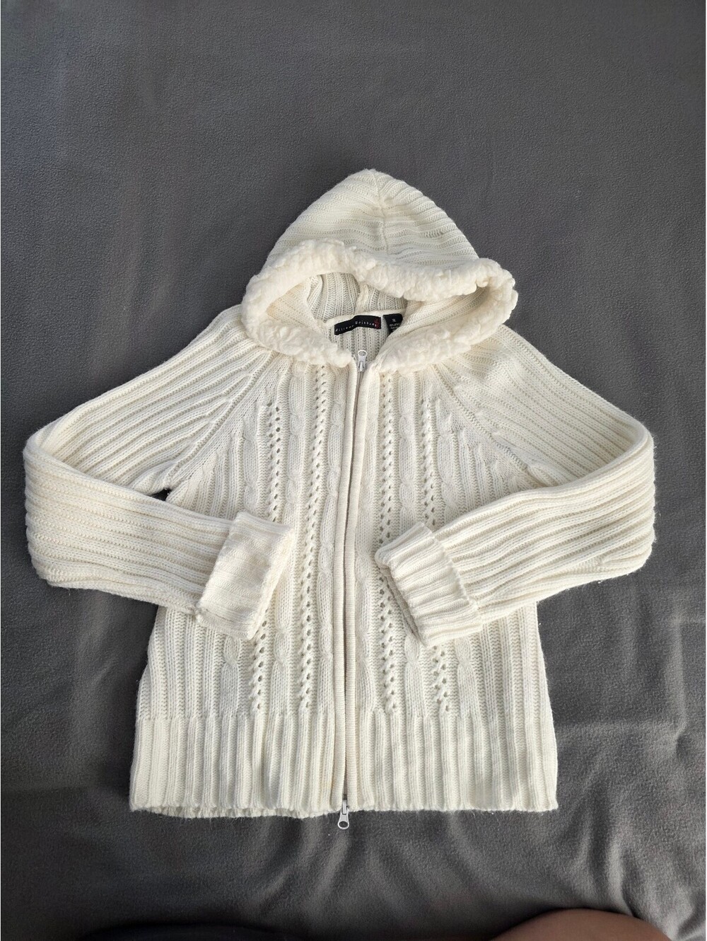Allison Brittney Women’s XL Ivory Cable Knit Hooded Zip Sweater Sherpa Trim